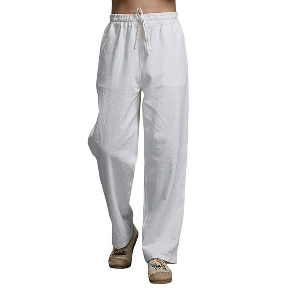 Mens Linen Pants Casual Loose Fit Elastic Waist Trousers with Pockets