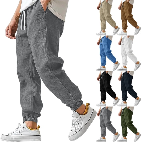 Mens Linen Pants Casual Summer Elastic Waist Baggy Joggers Lightweight Drawstring Beach Lounge Pants with Pockets, XL