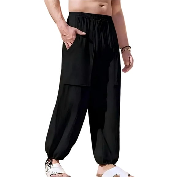 Puztloy Mens Linen Pants Drawstring Elastic Waist Lightweight Pant Casual Summer Beach Yoga Trouser