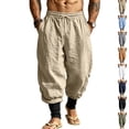 thumbnail image 1 of Mens Linen Pants Drawstring Elastic Waist Tapered Leg Pants Casual Breathable Summer Vacation Beach Trousers with Pockets, S, 1 of 9