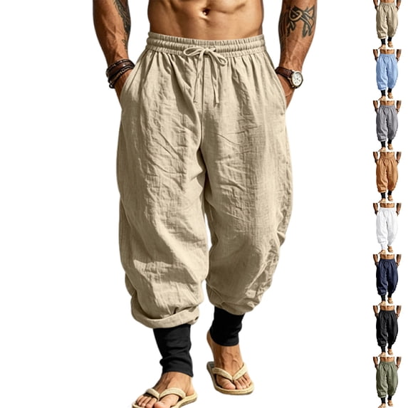 Mens Linen Pants Drawstring Elastic Waist Tapered Leg Pants Casual Breathable Summer Vacation Beach Trousers with Pockets, XL