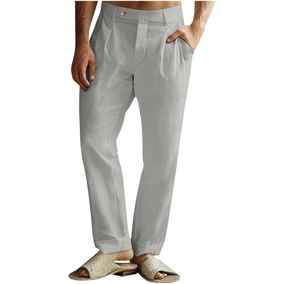 Mens Linen Pants Pleated Elastic Waist Casual Lightweight Trousers Relaxed Fit Straight Leg Pleated Slacks with Pockets (S, Gray)