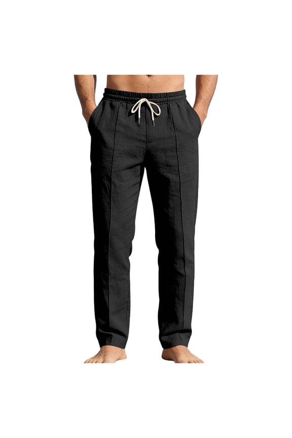 Mens Linen Pants Summer Casual Hawaiian Elastic Drawstring Waist Pockets Breathable Travel Trousers Fathers Gift