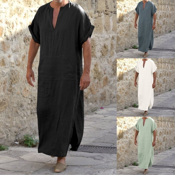 Mens Linen Robe Short Sleeve V Neck Side Split Caftan Lightweight Sleep Long Gown Thobe Black M