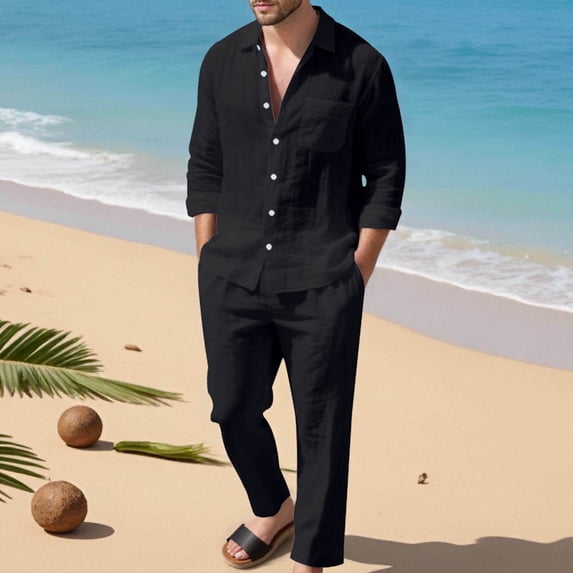 Mens Linen Sets 2 Piece Long Sleeve Button Down Shirt and Pants Set Summer Beach Set Outfits Fall Clothes (L, Black)
