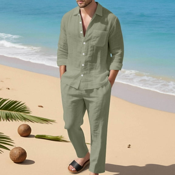 Mens Linen Sets 2 Piece Long Sleeve Button Down Shirt and Pants Set Summer Beach Set Outfits Fall Clothes (M, Army Green)