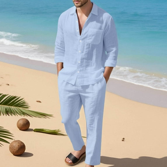 Mens Linen Sets 2 Piece Long Sleeve Button Down Shirt and Pants Set Summer Beach Set Outfits Fall Clothes (M, Light Blue)