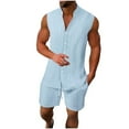 thumbnail image 1 of Mens Linen Sets 2 Piece Outfits Sleeveless Button Down Shirt and Shorts Set Summer Beach Vacation Clothing with Pockets, 1 of 5