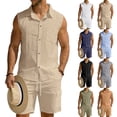 thumbnail image 1 of Mens Linen Sets 2 Piece Outfits Sleeveless Shirt And Shorts Set Vacation Outfit for Men Summer Beach Suits Button Down Tank Tops And Short Set Gym Tracksuits Green 2Xl, 1 of 5