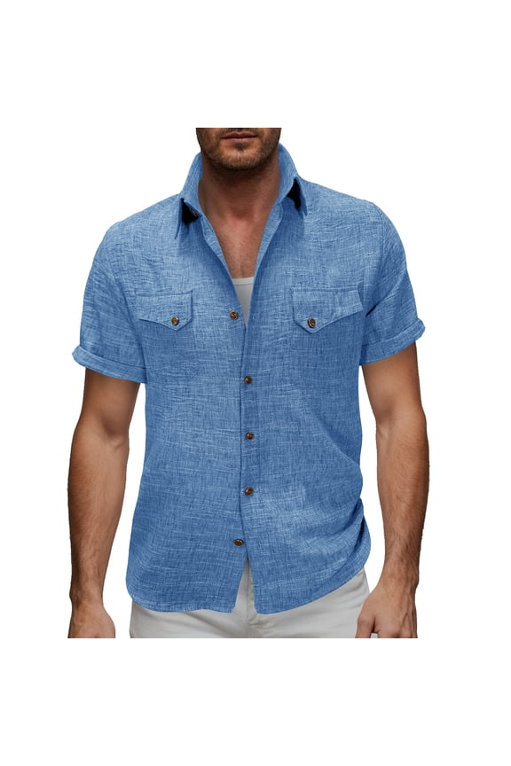 Mens Linen Shirt Casual Short Sleeve Button Down Shirts Summer Beach Vacation Tops Blue M