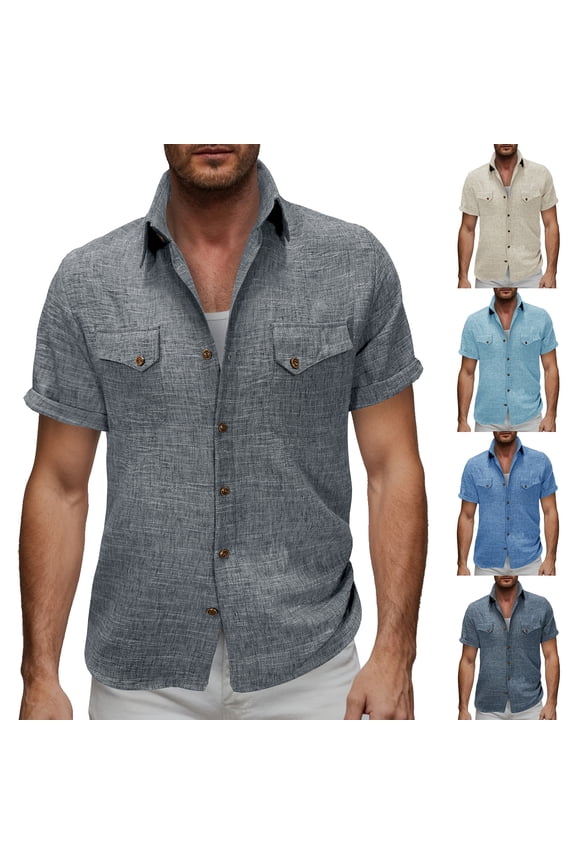 Mens Linen Shirt Casual Short Sleeve Button Down Shirts Summer Beach Vacation Tops Khaki M