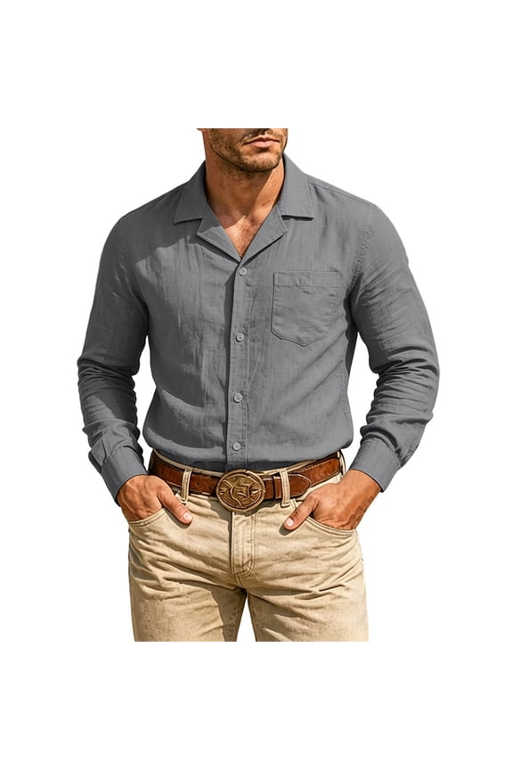Mens Linen Shirt Hawaiian Casual Lapel Button Down Long Sleeve with Pocket Breathable Beach Top Dad Gifts