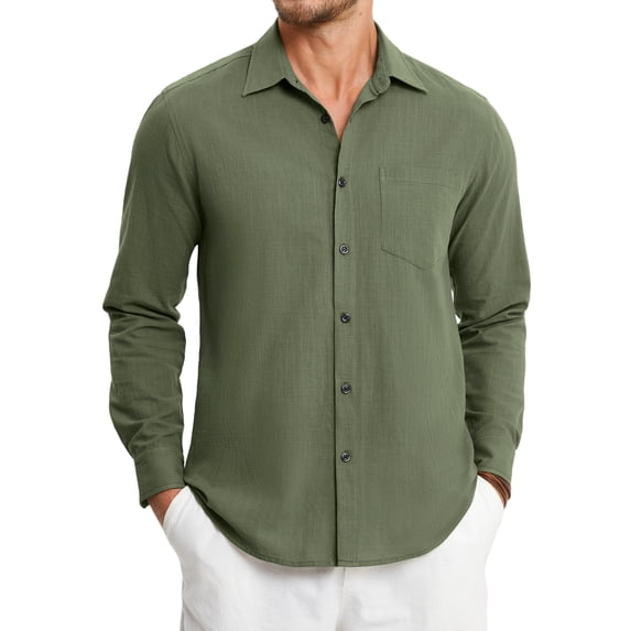 Linen Shirts for Men Casual Button Down Long Sleeve Shirt Solid Beach Breathable Cotton Linen Shirts