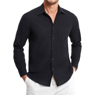 Men's Linen Cotton Shirts Long Sleeve Button Down Shirts Lightweight Solid Casual Shirt with Pocket