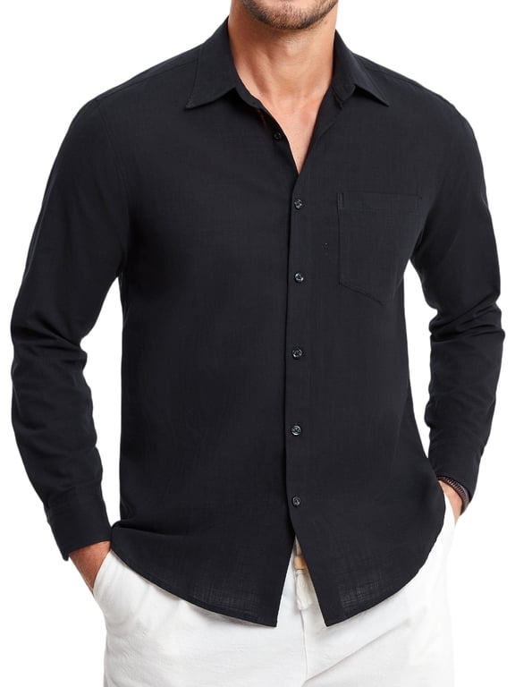 Men's Linen Cotton Shirts Long Sleeve Button Down Shirts Lightweight Solid Casual Shirt with Pocket