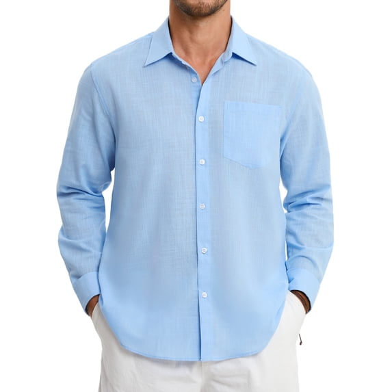 Men's Cotton Linen Shirt Casual Long Sleeve Button Down Shirt Summer Beach Wedding Shirts with Pocket