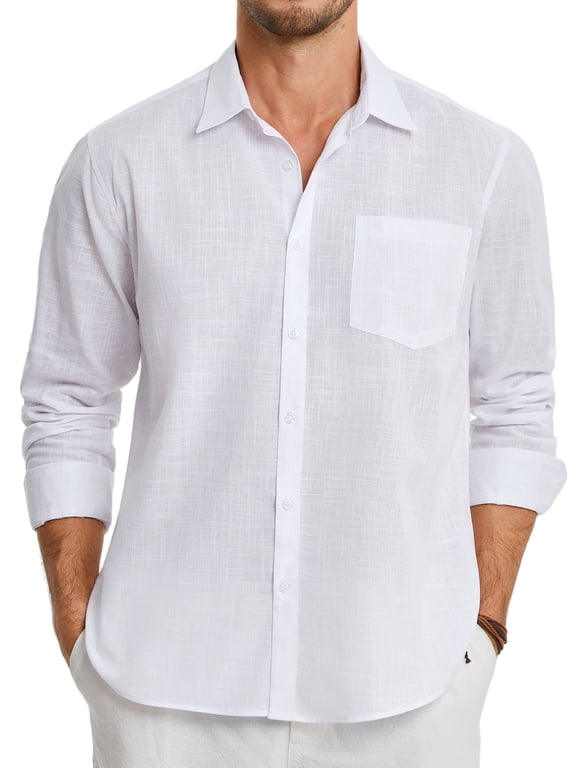 Mens Long Sleeve Linen Shirt Casual Button Down Beach Shirts with Pocket White Cotton Linen Shirts