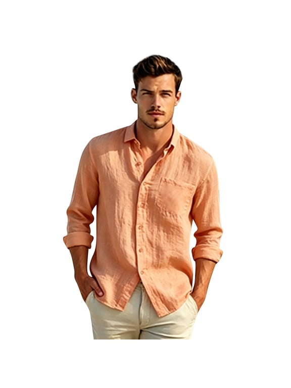 Mens Linen Shirt Long Sleeve Casual Cotton Linen Blend Shirts Solid Color Button Down Shirt With Chest Pocket And Roll-Up Sleeves Beach Wedding Summer Shirt XL Saffron