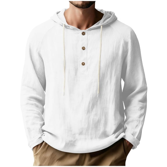 Mens Linen Shirt Sevevn Men's Casual Henley Hoodies Lightweight Long Sleeve Textured Hooded Tops White 3XL
