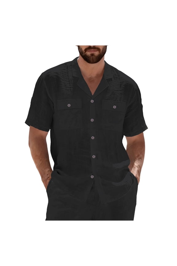 Mens Linen Shirt Short Sleeve Button Down Beach Casual Cotton Shirts without Pockets Summer Hawaiian Holiday Tops Solid Color Shawl Neck Shirt Regular Fit Short Sleeved Shirts for Men