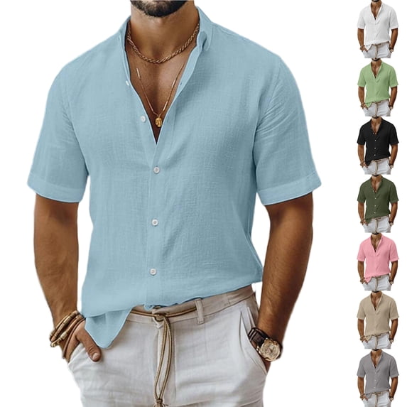 Mens Linen Shirt Short Sleeve Button Down Casual Summer Tops White L