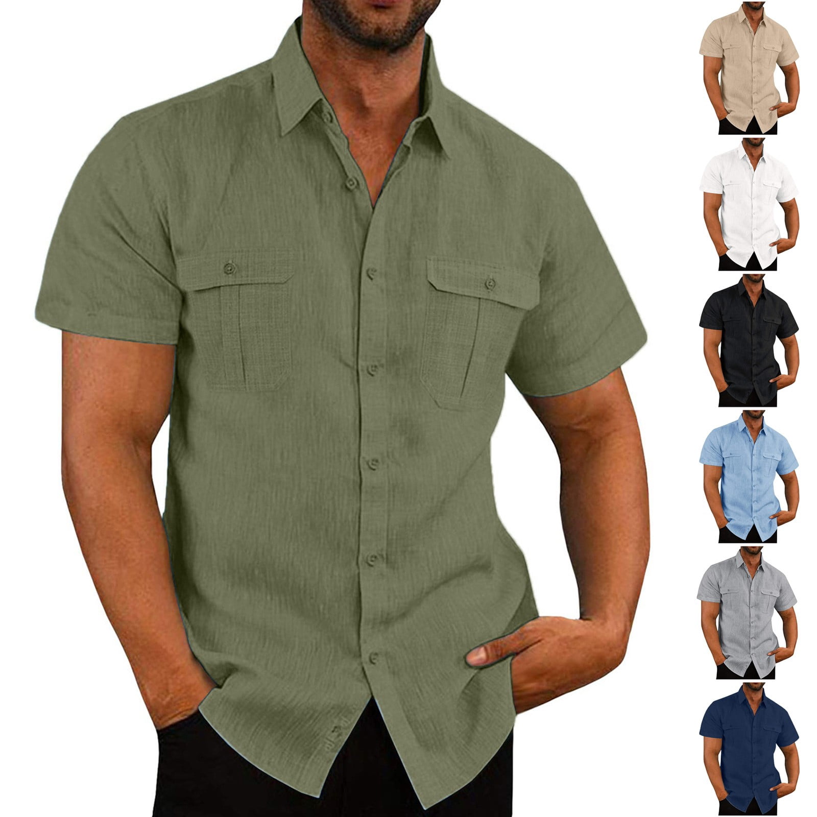 Mens Linen Shirt Short Sleeve Button Down Solid Color Summer Casual ...