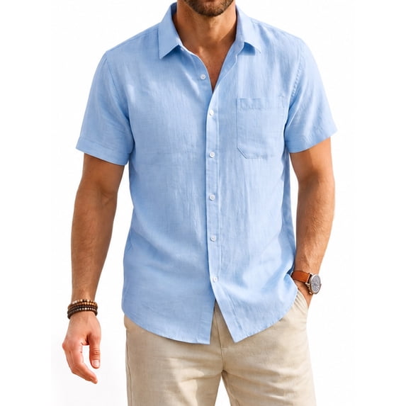 Mens Linen Shirt Short Sleeve Casual Lightweight Button Down Shirts Beach Summer Light Blue Tops