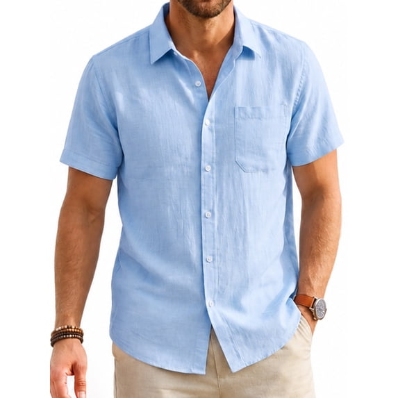 Mens Linen Shirt Short Sleeve Casual Lightweight Button Down Shirts Beach Summer Light Blue Tops