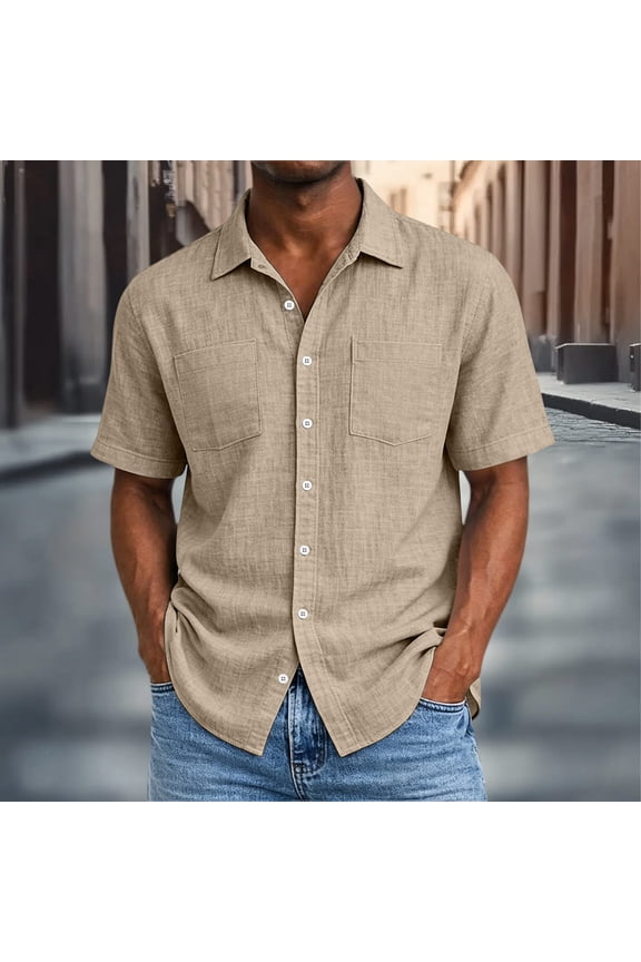Mens Linen Shirt Short Sleeve Wrinkle Free Casual Untucked Button Down Shirts Beach Breathable Tops Summer (Khaki,S)