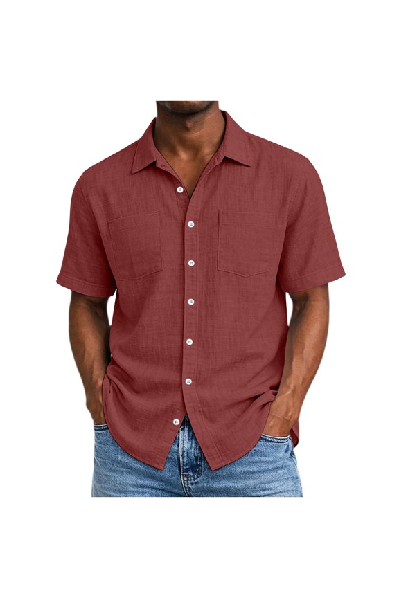 Mens Linen Shirt Short Sleeve Wrinkle Free Casual Untucked Button Down Shirts Beach Breathable Tops Summer,M