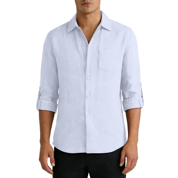 Mens Linen Shirts Casual Button Down Collared Shirts Long Roll-Up Sleeve Summer Beach Hippie Shirts Tops
