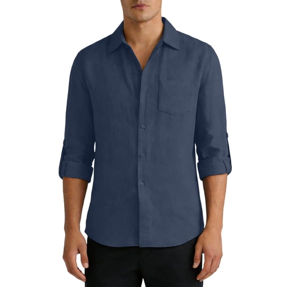 Mens Linen Shirts Casual Button Down Collared Shirts Long Roll-Up Sleeve Summer Beach Hippie Shirts Tops