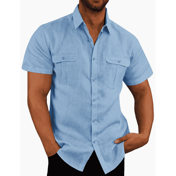 Puztloy Mens Linen Shirts Casual Cotton Short Sleeve Regular-Fit T-Shirt Summer Lightweight Beach Yoga Tops