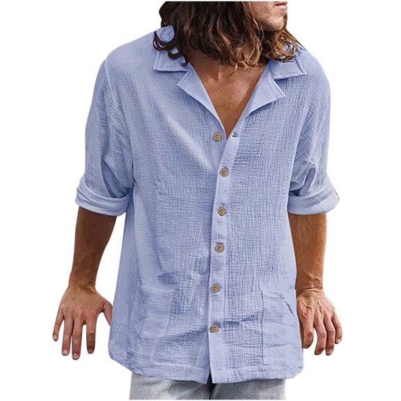 Mens Linen Shirts Long Sleeve Button Down Shirts Loose Casual Turn Down Collar Cotton Linen Blouse Tops Solid Summer Autumn Beach Plain Hawaiian Shirt with Pockets