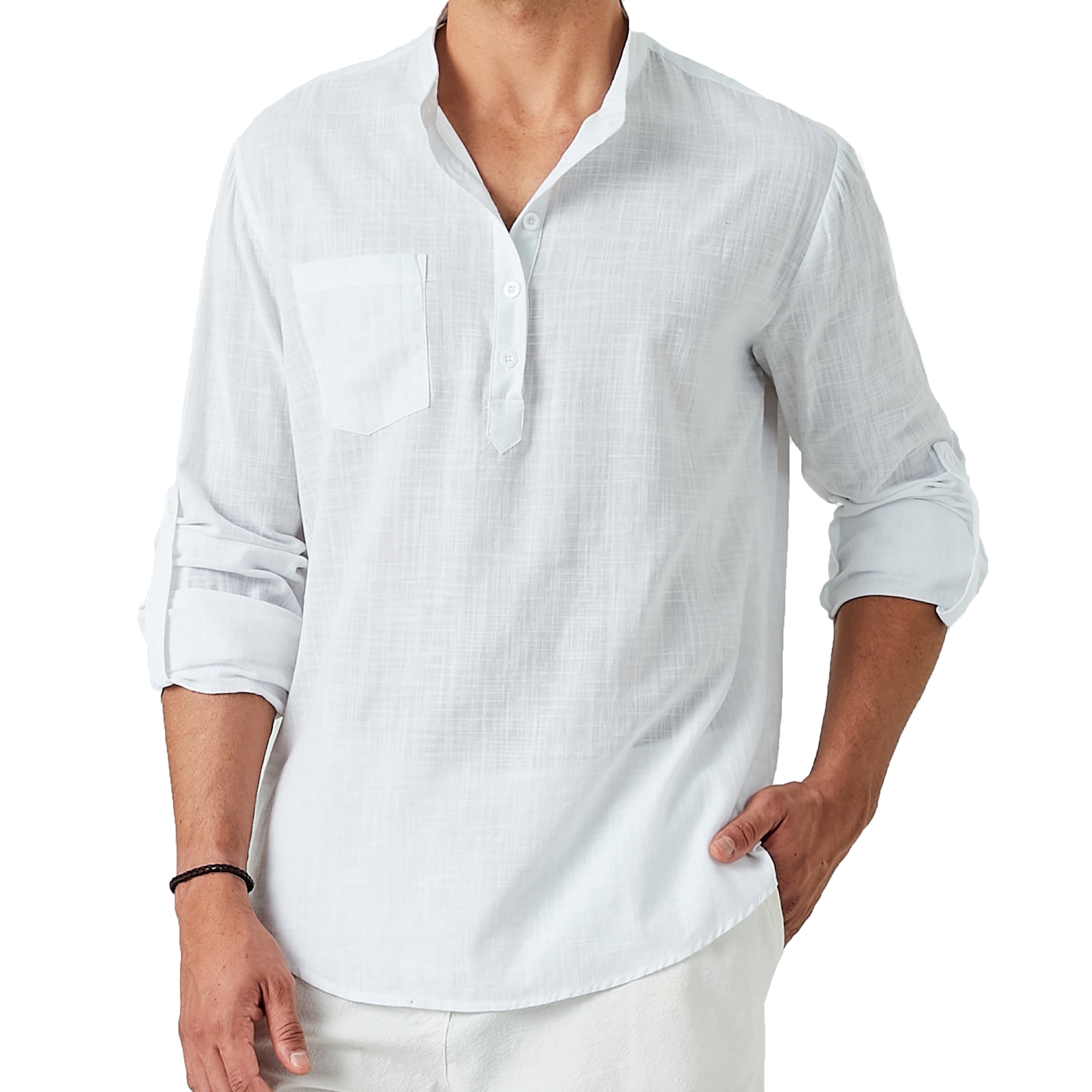 Mens Linen Henley Shirt Cotton Long Sleeve Casual Tee Band Collar Top ...