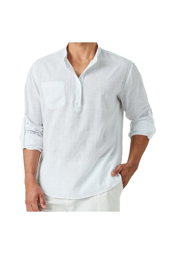 Mens Linen Henley Shirt Cotton Long Sleeve Casual Tee Band Collar Top Summer Beach White, XL