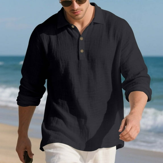Mens Linen Shirts Long Sleeve Shirt Band Collar Casual Tops Regular Fit Black M