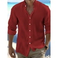 thumbnail image 1 of Mens Linen Shirts Long Sleeve Shirt Band Collar Casual Tops Regular Fit Red M, 1 of 4
