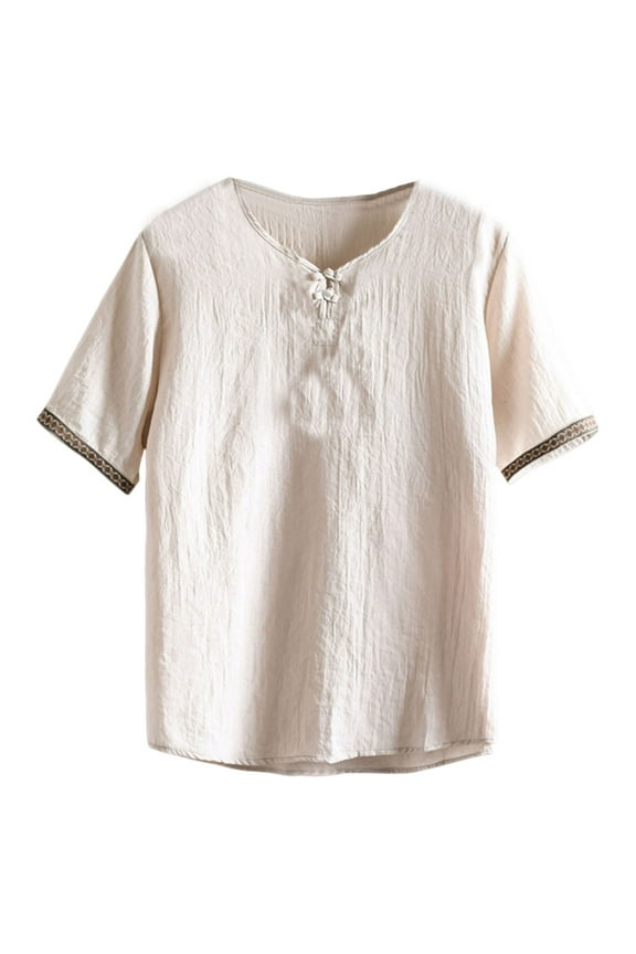 Mens Linen Shirts Plus Size 3/4 Sleeve V Neck Henley Shirt Retro Boho Summer Lightweight Tropical Beach Hippie Tees Beige XL