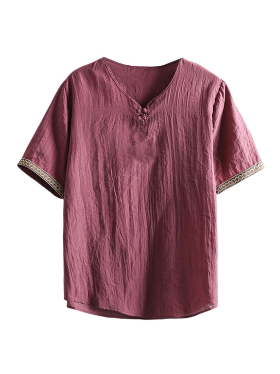 Mens Linen Shirts Plus Size 3/4 Sleeve V Neck Henley Shirt Retro Boho Summer Lightweight Tropical Beach Hippie Tees Wine XL