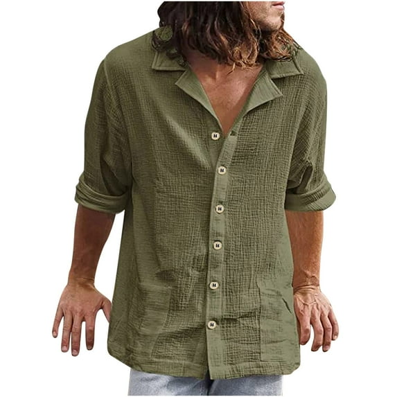 Mens Linen Shirts Sale Long Sleeve Button Down Shirts Loose Casual Turn Down Collar Cotton Linen Blouse Tops Solid Summer Autumn Beach Plain Hawaiian Shirt with Pockets