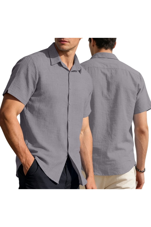 Mens Linen Shirts Short Sleeve Button Down Regular Fit Shirts Casual Vacation Beach Summer Hawaiian Tops Light Gray L