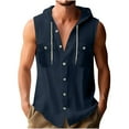 thumbnail image 1 of Mens Linen Shirts with Hood Sleeveless Lightweight Button Up Hoodie with 2 Pockets Drawstring Casual Summer Tops (S, Navy), 1 of 6