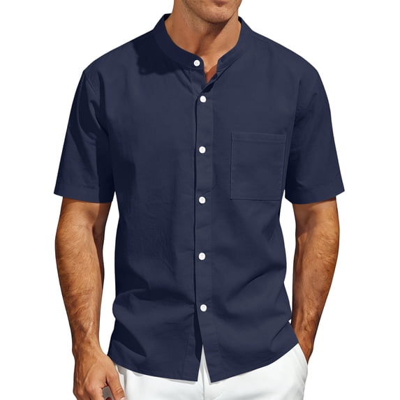 Mens Linen Short Sleeve Shirt, Stand Collar Relaxed Fit Breathable Top for Business Casual and Daily Wear Navy S