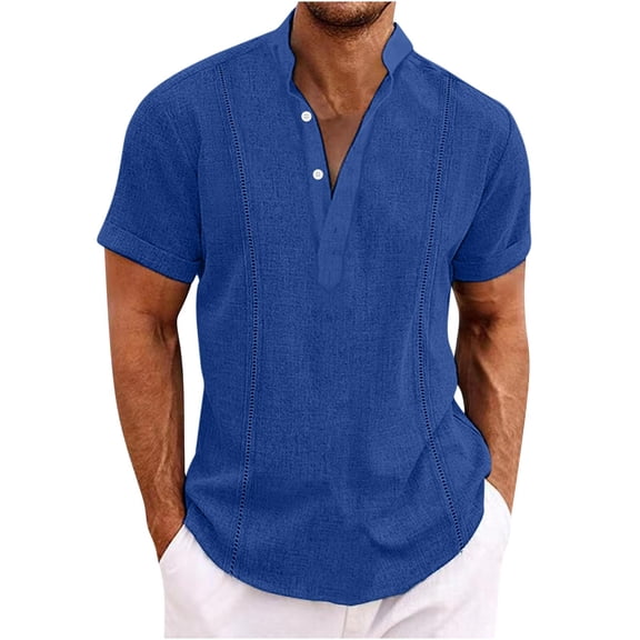 Mens Linen Short Sleeve Shirts Banded Collar Tee Loose Fit Summer Casual Button Down Tops Beach Vacation Clothes