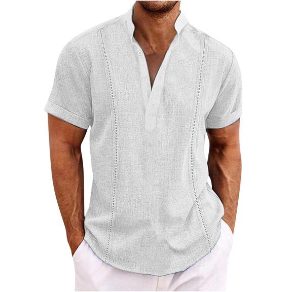 Mens Linen Short Sleeve Shirts Banded Collar Tee Loose Fit Summer Casual Button Down Tops Beach Vacation Clothes