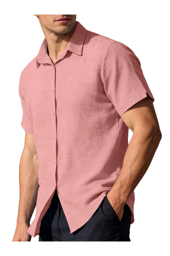 Mens Linen Short Sleeve Shirts for Summer Beach, Casual Untucked Tops with Wrinkle Resistance Root Color XXXL
