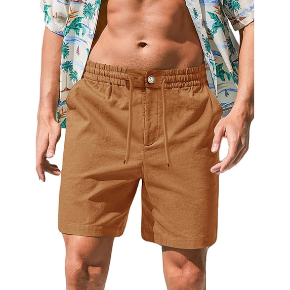Mens Linen Shorts Casual Elastic Waist Drawstring 7 inch Inseam Shorts Stretch Summer Beach Wear Lightweight Khaki L