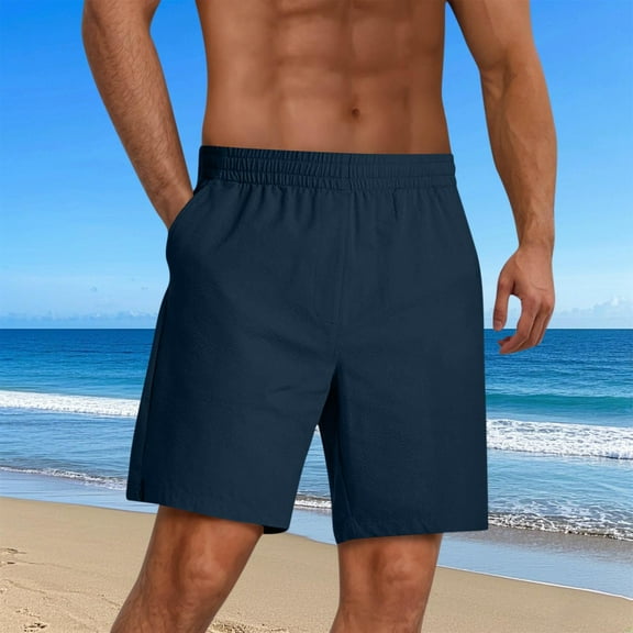 Mens Linen Shorts Casual Elastic Waist Drawstring Summer Beach Shorts Pockets Classic Fit Shorts Pants