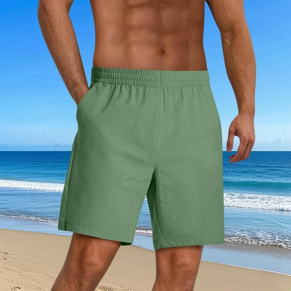 Mens Linen Shorts Casual Elastic Waist Drawstring Summer Beach Shorts Pockets Classic Fit Shorts Pants